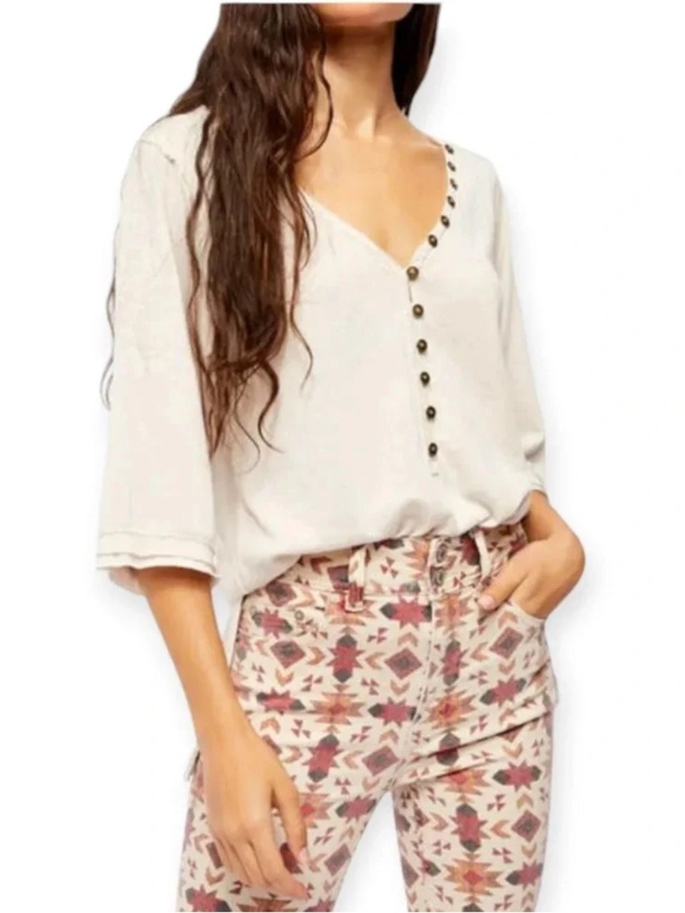 Free People We The Free Morgan Henley Top Size XS Oatmeal Beige Slouchy - Picture 3 of 14